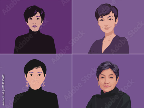 Four distinct digital portraits display a woman with short hair in various poses and expressions, set against a vibrant purple background.