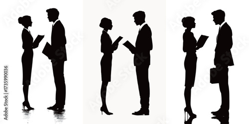 Two pairs of business professionals converse in formal attire against a plain background. They hold files and appear engaged in important discussions.