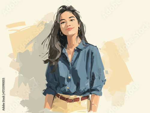 A young woman stands with a relaxed expression, wearing a blue button-up shirt and beige pants. She showcases a confident demeanor in bright daylight.