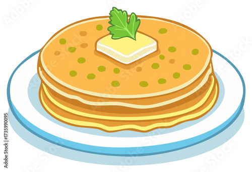 Cartoon Pancakes Stacked with Butter and Parsley on Plate Breakfast Food Illustration