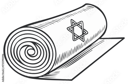 Rolled scroll featuring Star of David symbol engraved in sketch style on white backdrop