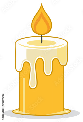 Vibrant yellow burning candle illustration with warm glowing flame and dripping wax
