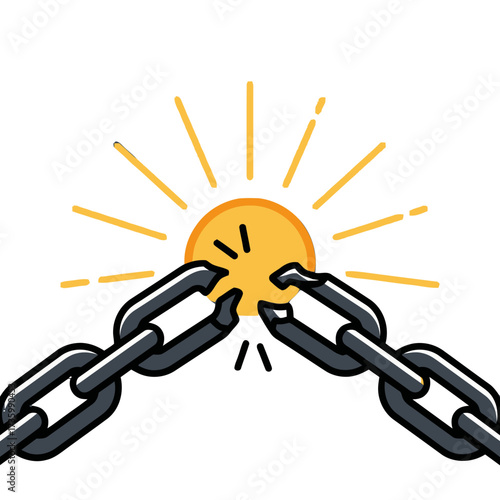 Broken chain links in front bright sun, symbolizing freedom and breaking free from limitations