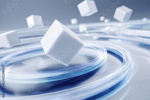 Abstract depiction featuring white floating cubes against a backdrop of swirling, glowing light trails
