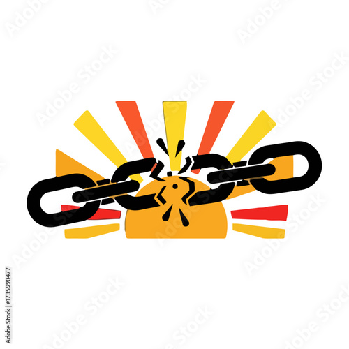 Broken chain symbolizing strength, overcoming obstacles, and breaking free from limitations, with sunburst in the