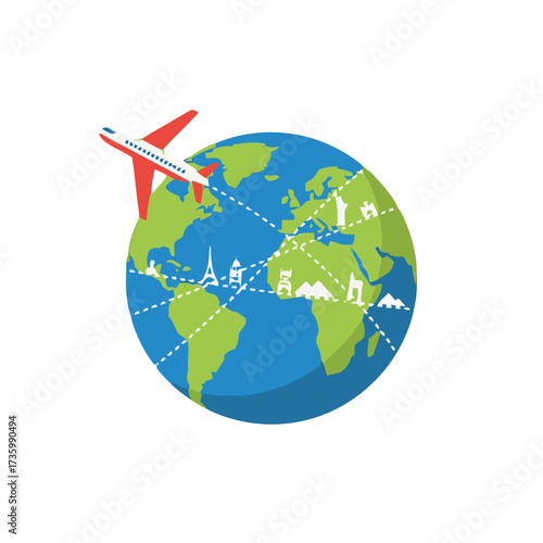 Flat design stylized globe with airplane flying around it, showing various landmarks and flight paths, representing global travel and tourism