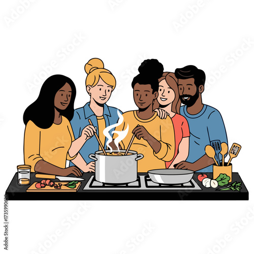Diverse group friends cooking together in kitchen, preparing food with fresh ingredients