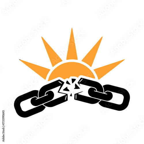 Symbolic image broken chain against bright, radiating sun, representing freedom, liberation, and the overcoming obstacles
