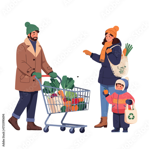 Family three, including parents and child, dressed in winter clothing, are shopping for groceries, pushing full shopping cart filled with fresh vegetables and fruits