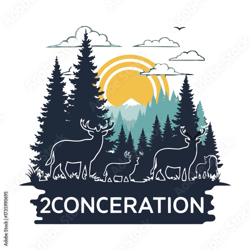 Silhouette deer family with fawns standing in forest with pine trees and sun rising behind mountain, with the text 2conceration below