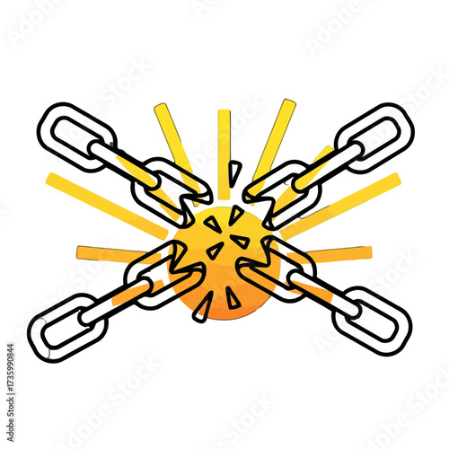 Four broken chain links forming cross shape over bright yellow sunburst, symbolizing freedom, breaking free, or overcoming obstacles