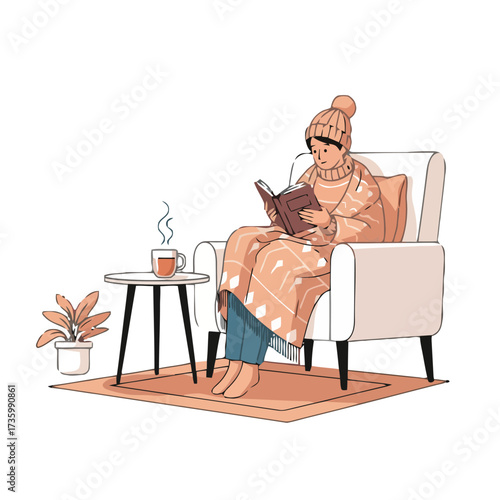 Cozy person wearing beanie and blanket, reading book while sitting in an armchair with cup hot beverage on side table