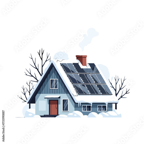 Cozy house with solar panels on the roof, covered in snow, with bare trees and smoke coming from the chimney
