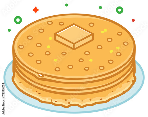 Stack of golden pancakes with a melting pat of butter on top presented on a plate