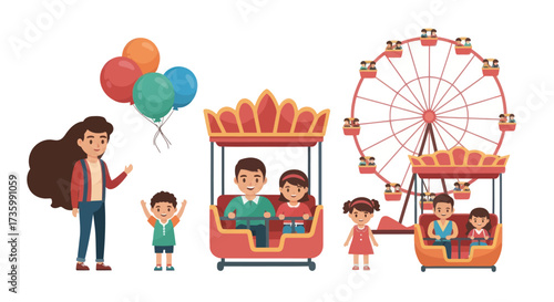 Cartoon Amusement Park Scene with Ferris Wheel and People.