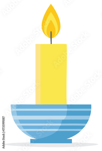 Vector Illustration of a Glowing Yellow Candle in a Striped Blue Holder, Ideal for Decor and Celebrations