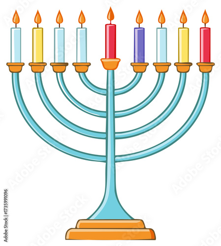 Colorful lit Hanukkah menorah illustration with nine burning candles representing Jewish holiday celebration
