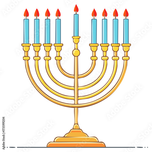 Illustrated golden Hanukkah menorah with nine lit candles for the Jewish holiday celebration