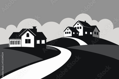 Minimalist Black and White Illustration Winding Road Leading to Houses on Rolling Hills