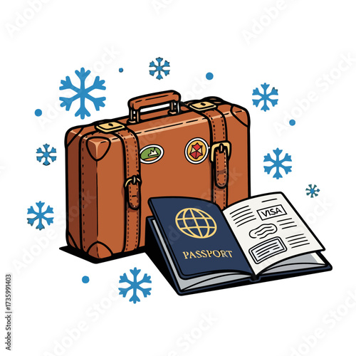 Vintage suitcase and passport with visa stamp and snowflakes