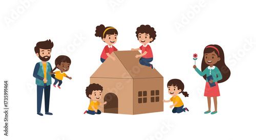 Happy diverse children and adults building a creative cardboard playhouse.
