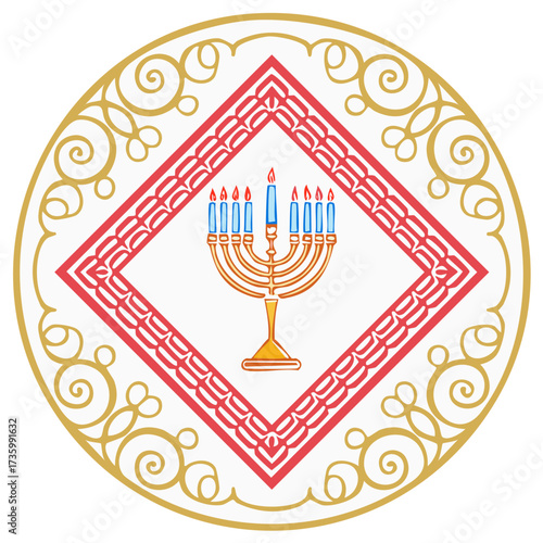 Ornamental Chanukah Illustration: Menorah with Lit Candles, Gold Ornate Circle, and Red Geometric Square for Jewish Holidays