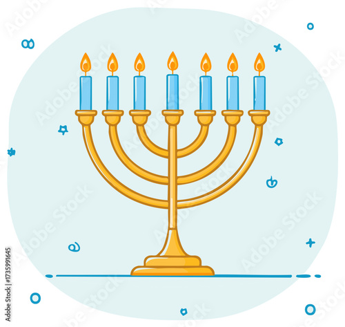 Cartoon Menorah with Lit Candles and Festive Decorations, Religious Symbol