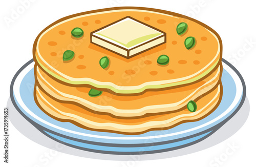 Stack of fluffy pancakes with melting butter and sweet green toppings on a breakfast plate illustration