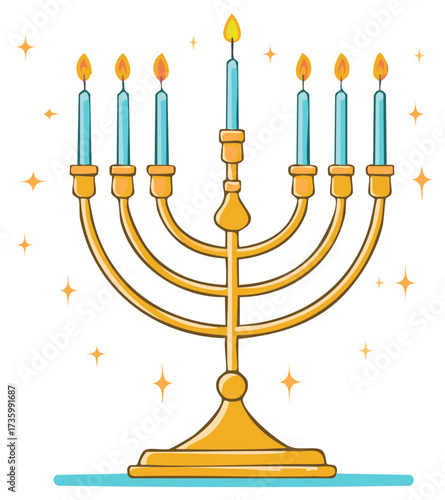Golden Hanukkah menorah with nine lit blue candles and festive sparkles illustration