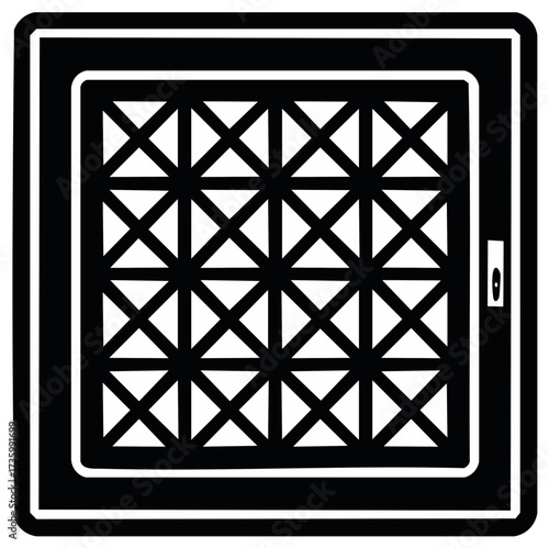 Abstract cross grid inside an industrial metal frame with a sliding latch, isolated graphic in black and white
