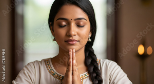 Young Indian woman praying with closed eyes in namaste pose. Traditional Hindu ritual with religious devotion and spiritual peace.