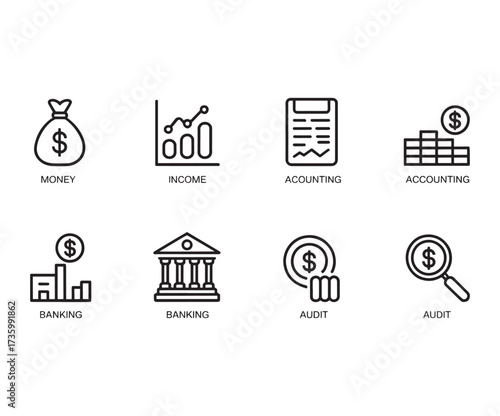 A collection of eight financial and business line icons representing money, income, accounting, banking, and auditing concepts.