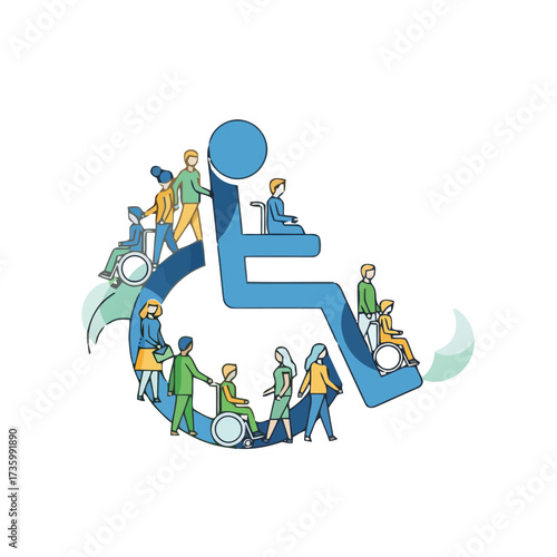 Large blue wheelchair accessibility symbol formed by group diverse people, some in wheelchairs and others walking, representing inclusion and support