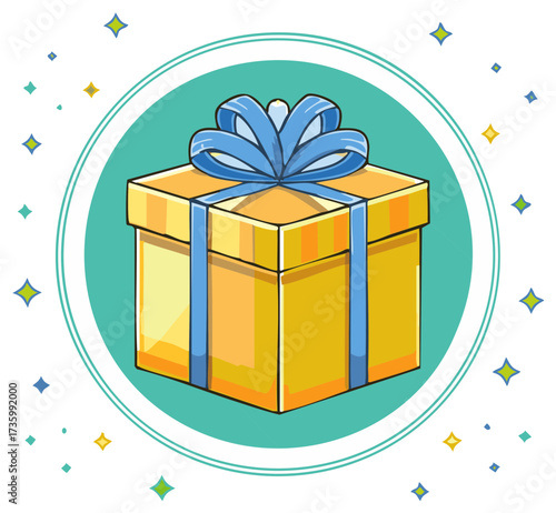 Bright yellow gift box tied with a blue ribbon and bow inside a teal circle with stars