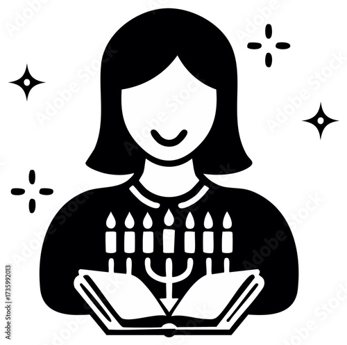 Joyful woman celebrating Hanukkah reading a book, black and white festival glyph icon