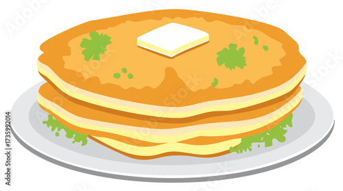 Stack of golden pancakes with butter and green garnish on a plate
