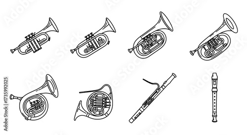 Vector Line Art of Musical Instruments Trumpet, Horn, Flute and Bassoon