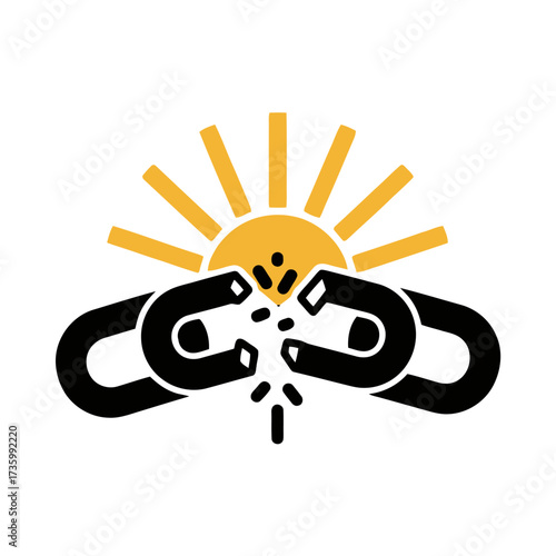 Broken chain link symbolizing freedom, breaking free from restrictions, with rising sun in the