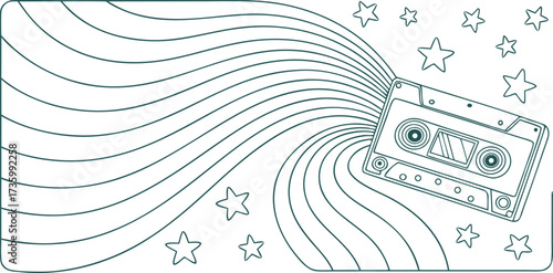 Retro cassette tape illustration with flowing music lines and stars in minimal outline style. Vintage vector design perfect for posters, patterns, and decor. Artistic nostalgic line art.