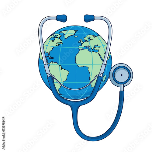 Stethoscope wrapped around globe, representing global healthcare, medical care for the world, and health awareness