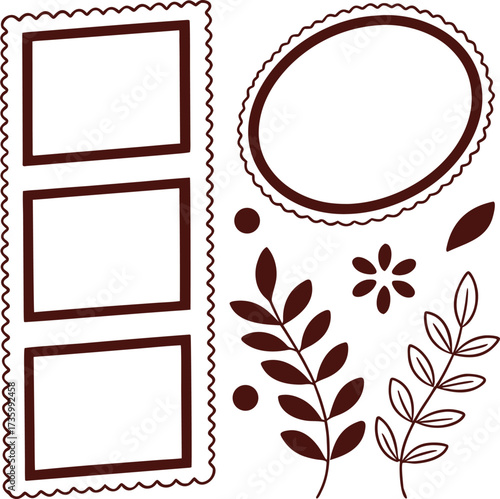 Hand-drawn frame and foliage vector set for , and design projects. Includes photo strip, oval frame, leaves, and floral elements. Ideal for creative digital use.