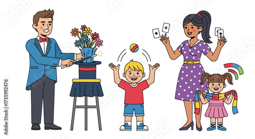 Family Enjoying a Magical Performance with a Magician and Juggler.