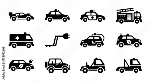 Vector Set Variety of Black and White Service Vehicles
