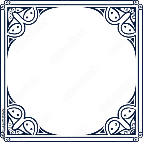 Elegant decorative square frame design with abstract floral corner ornament in dark blue line art. Classic border template for invitation, certificate, and vintage decoration. Stylish minimal blank fr