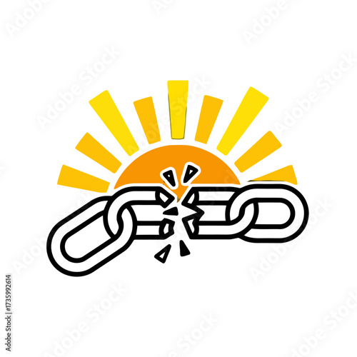 Broken chain symbolizing freedom, breaking free from limitations, or overcoming obstacles, with rising sun in the