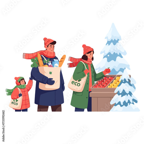 Family shopping for groceries at winter market, carrying ecofriendly bags filled with fresh produce and bread, with snowcovered trees in the