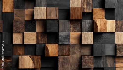 Abstract wall pattern of varied wooden cubes