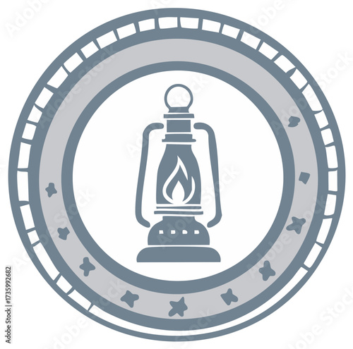 Vintage Oil Lantern Emblem with Flame and Decorative Rim