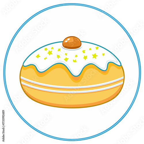 Cartoon jelly donut icon with white icing star sprinkles and caramel top decoration
