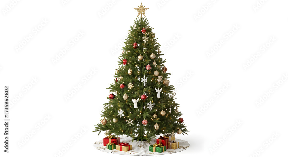 Fototapeta premium Beautifully decorated Christmas tree with presents underneath, creating a festive holiday scene